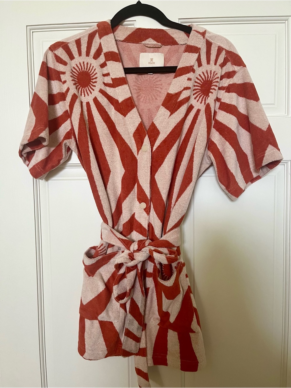Roark Women’s M Terry Short-Sleeve Belted Coverup/Top in Rust Orange and Cream